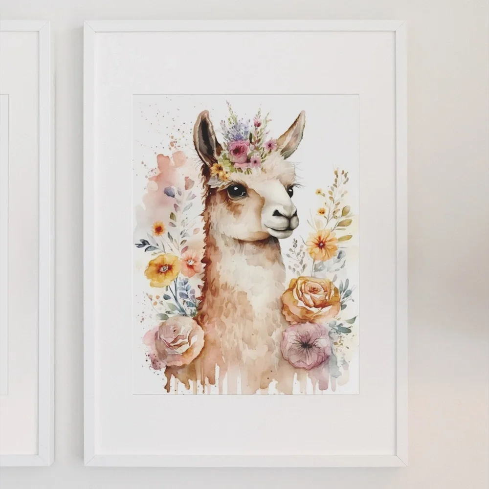 Watercolor Cute Floral Llama Wall Art Illustration Print Poster Card Unframed - Picture 3 of 6